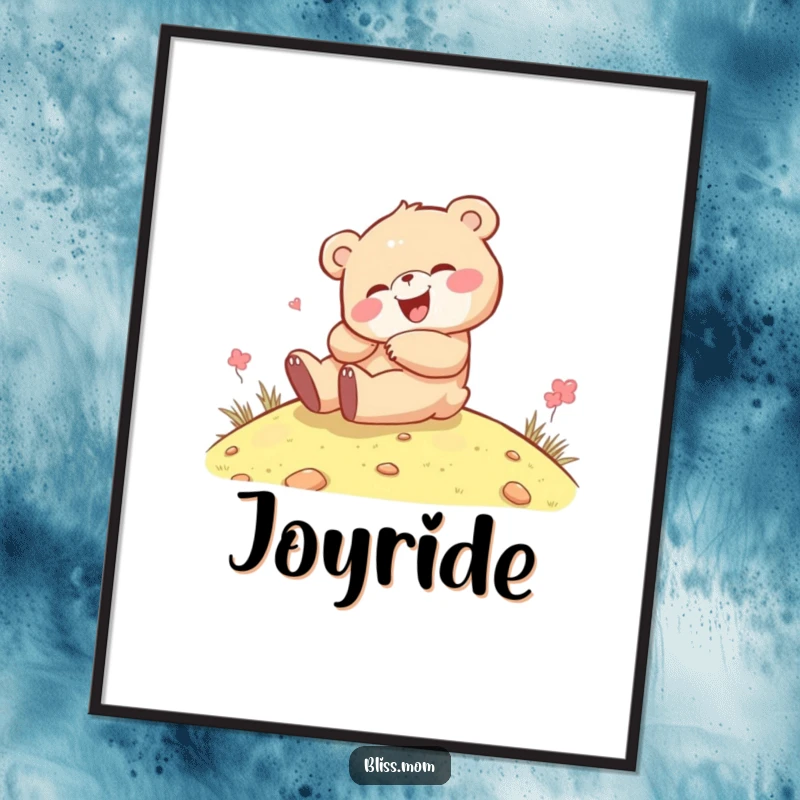 Funny kawaii bear cub giggling while rolling down a grassy hill, presented as a downloadable digital art print for instant happiness.