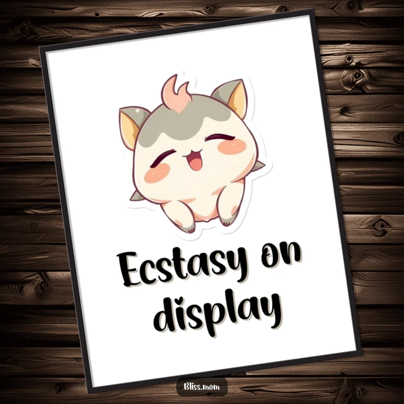 Funny Digital Art Print: A creature smiles ecstatically with closed eyes, head tilted back, radiating hilarious bliss.