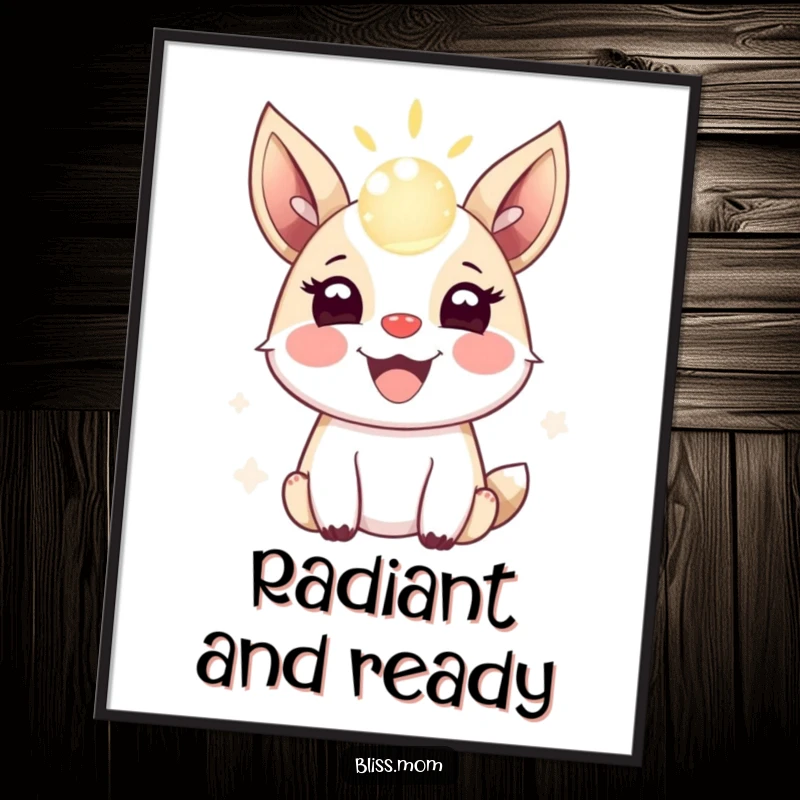 Funny digital art print of a joyful animal with excited ears, energetically bouncing a shimmering, magical orb of light.