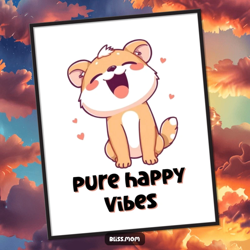 Funny digital art print of an animal roaring with laughter, head thrown back, capturing pure, hilarious, and infectious joy.