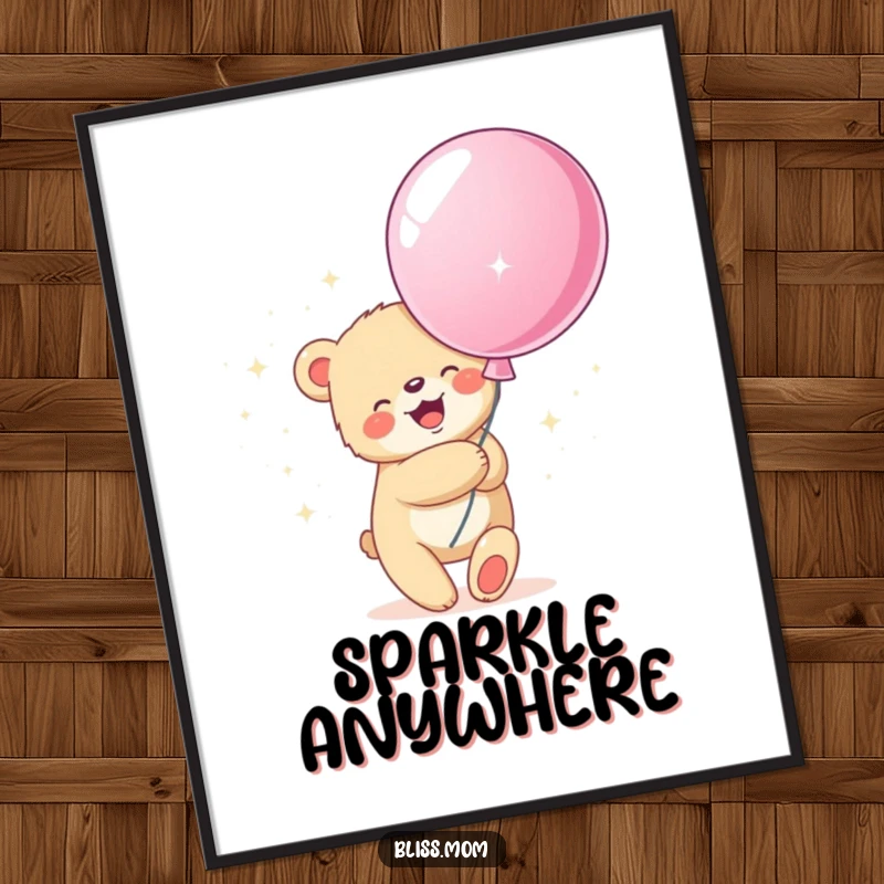 Funny digital art print of a bear cub joyfully hugging a giant, sparkly balloon, evoking feelings of happiness and wonder.