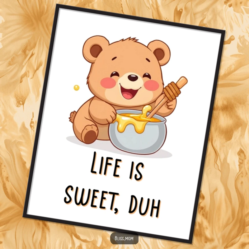 Funny Bear Cub Digital Art Print: An illustration of a smiling cub ecstatically reaching for a pot of honey.
