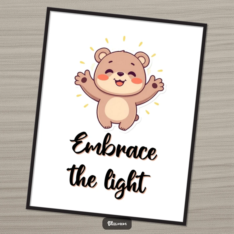 Funny bear digital art print of a smiling bear embracing a warm, glowing aura, symbolizing peace, love, and positive energy.
