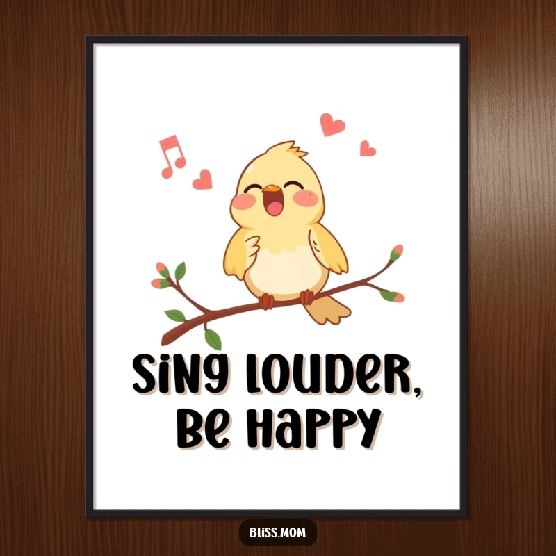 Funny Bird Digital Art Print: An illustration of a cheerful bird singing its heart out on a branch.