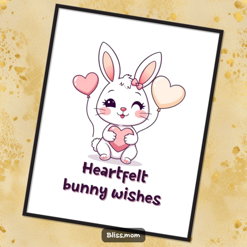Funny digital art print of a cheerful bunny mom with rosy cheeks holding a heart balloon, ideal for cheerful decor.