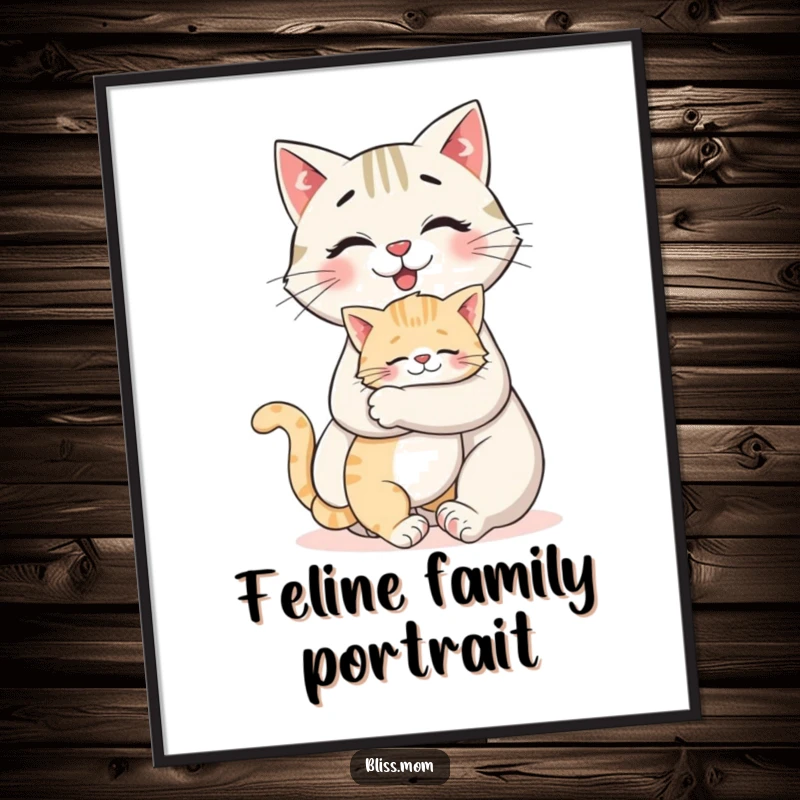 Funny digital art print of a smiling cat mom receiving a giant hug from her kitten, ideal for cat-themed decor.