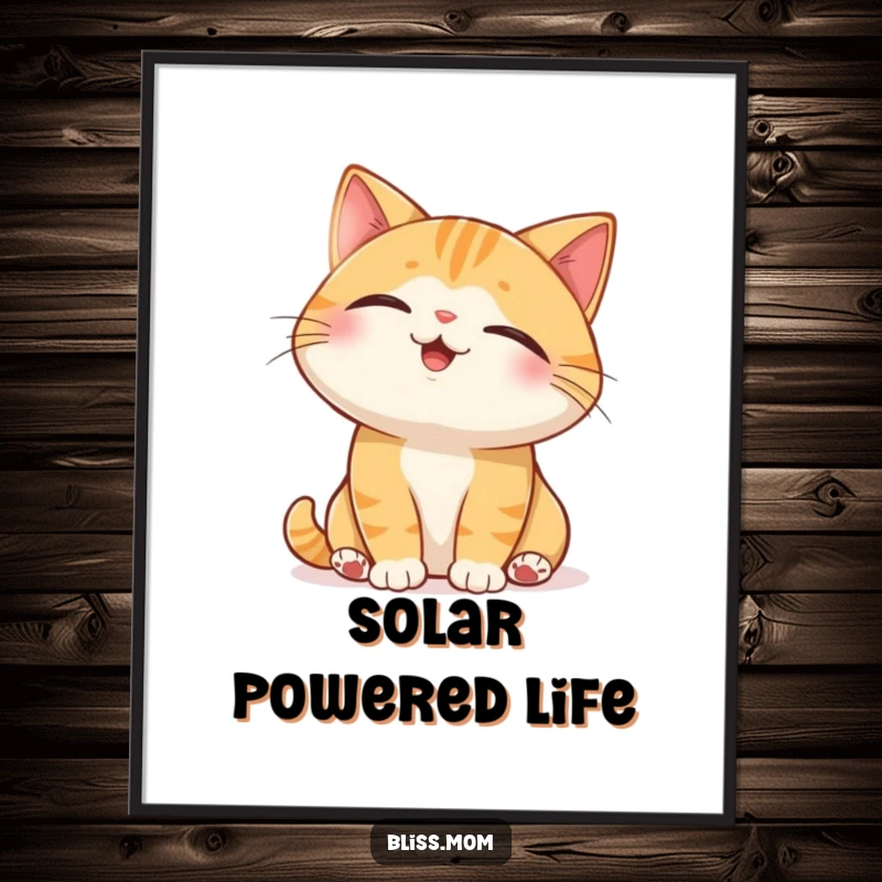Funny Cat Digital Art Print: a joyful cat with eyes closed peacefully basking in a stylized sunbeam, radiating calm.