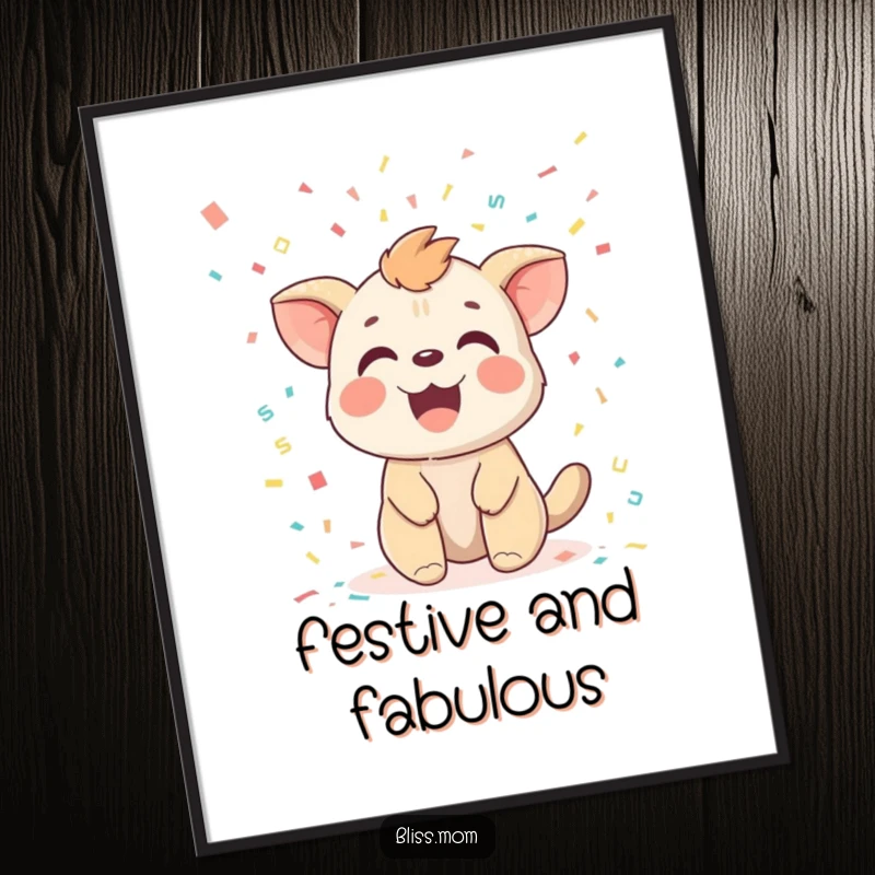 Funny digital art print of a joyful animal with a delighted expression, joyfully receiving a vibrant showering of confetti.