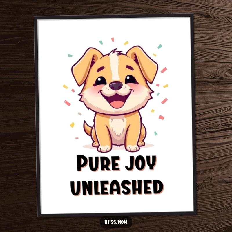 Funny digital art print of a happy dog character with a beaming smile, surrounded by colorful confetti, festive and humorous printable decor.