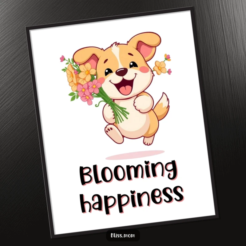 Funny Dog Flower Digital Art Print: Happy dog bounds with a bouquet of flowers, radiating joy. Perfect for instant, funny decor.