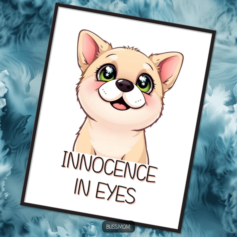 Funny digital art print of a content dog looking upwards with sparkling, happy eyes, radiating pure joy and devotion.