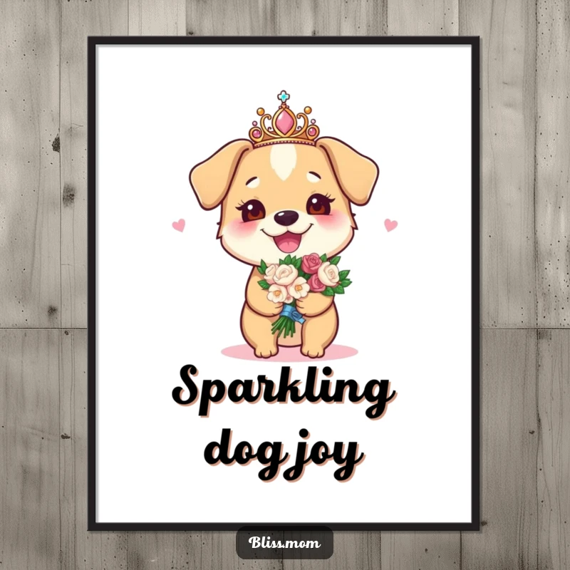 Funny digital art print of a joyous dog mom with a sparkly tiara and bouquet, ideal for regal decor.