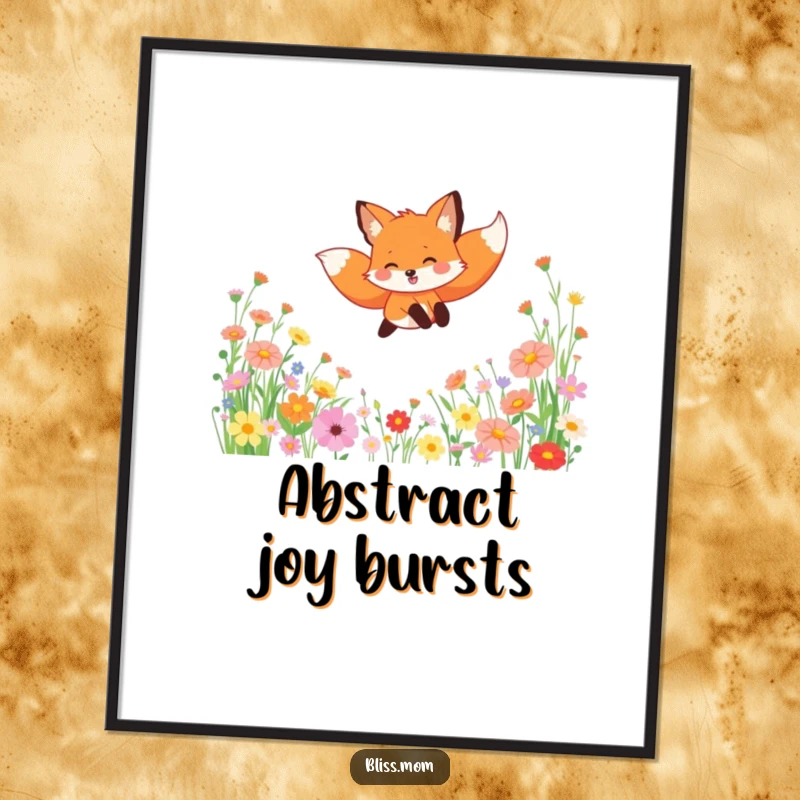 Funny digital art print of a gleeful fox leaping through a field of wildflowers, ready for instant download and display.