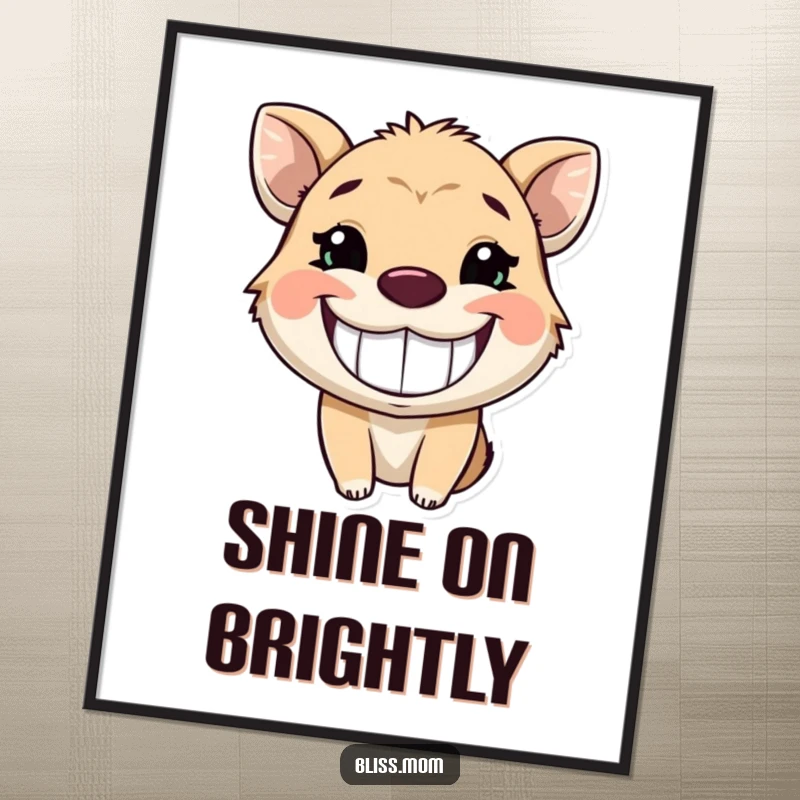 Funny digital art print of an animal with a wide, infectious, glowing grin, symbolizing pure joy and radiating happiness.