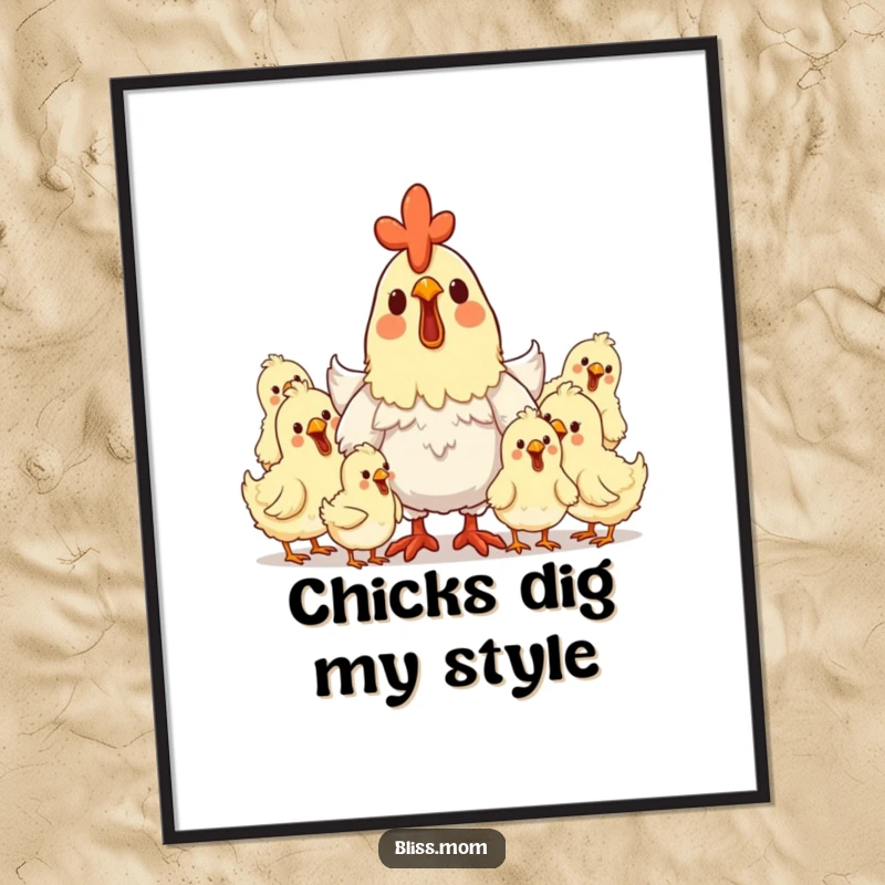 Funny hen mom digital art print of a delighted mother hen surrounded by clucking, happy chicks, perfect for decor.