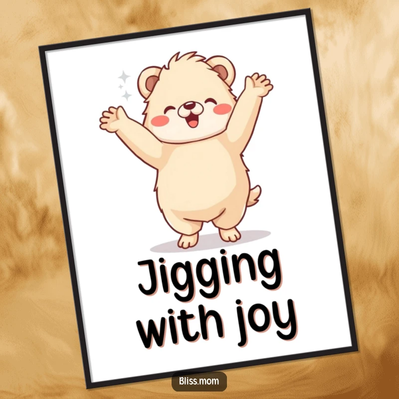 Funny Digital Art Print: A fluffy animal dances a happy jig with arms raised, creating a scene of pure, hilarious fun.