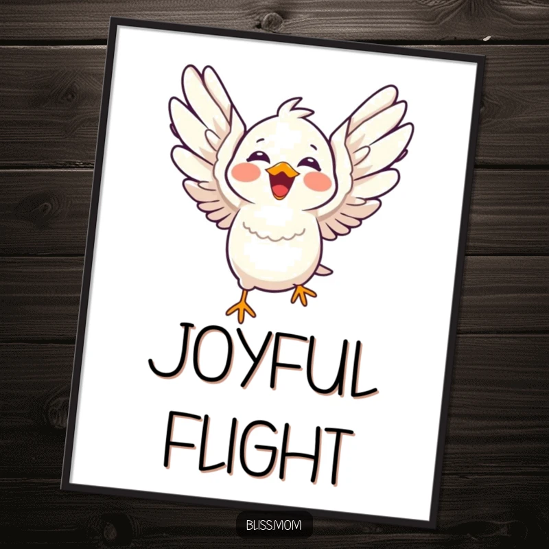 Funny laughing kawaii bird with wings spread wide in flight, instant bird art, cute digital decor, perfect funny gift.