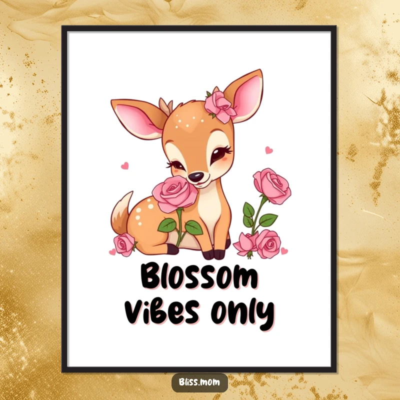 Funny Kawaii Deer Mom Digital Art Print, capturing the pure delight of smelling a fragrant rose, perfect for vibrant decor.