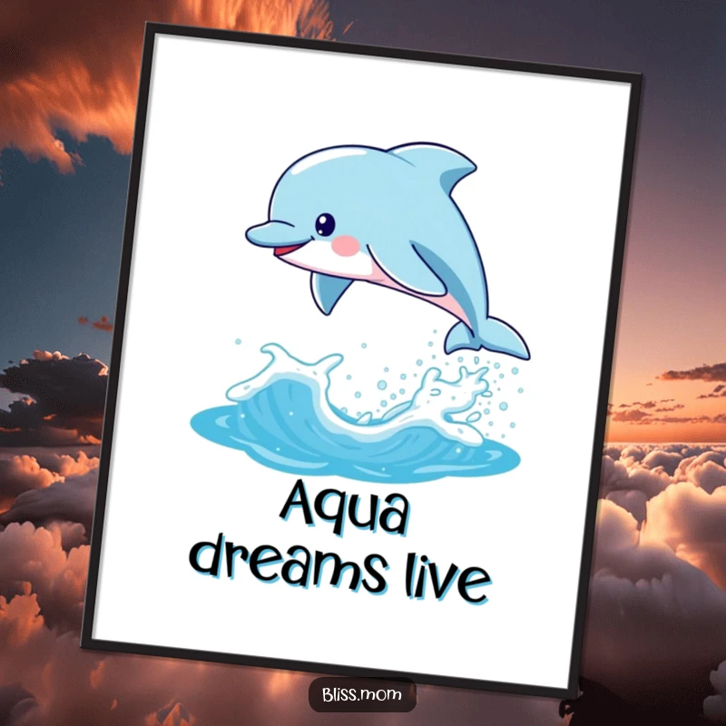 Funny Kawaii Dolphin Mom Digital Art Print, playfully leaping from a sparkling wave, capturing aquatic joy for vibrant decor.