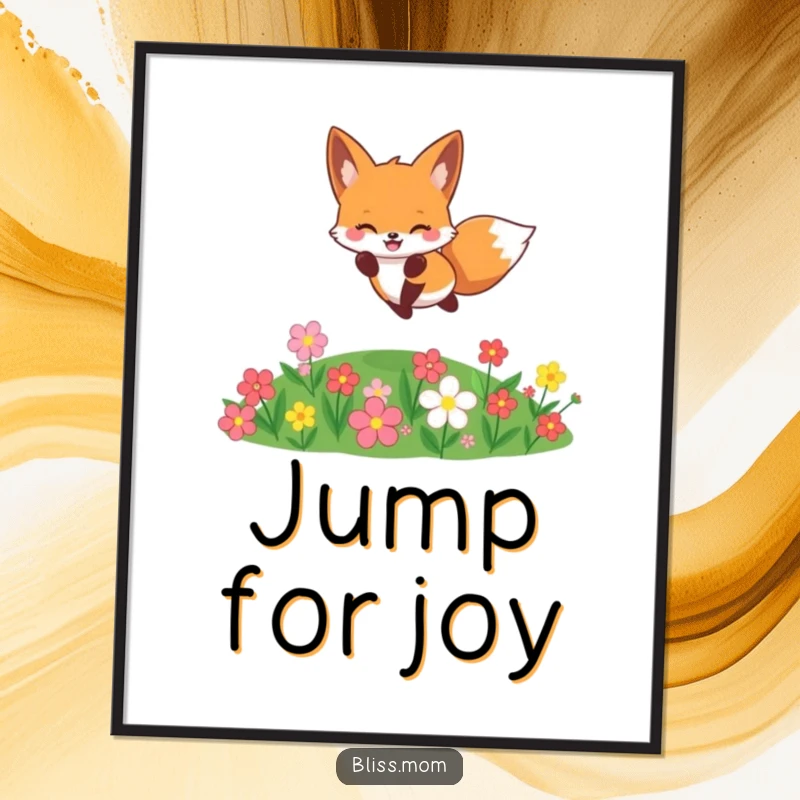 Funny cheerful kawaii fox jumping over flowers, instant woodland art, cute digital decor, perfect funny gift.