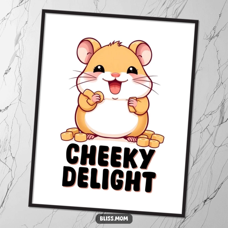 Funny delighted kawaii hamster stuffing cheeks with treats, instant rodent art, cute digital decor, perfect funny gift.