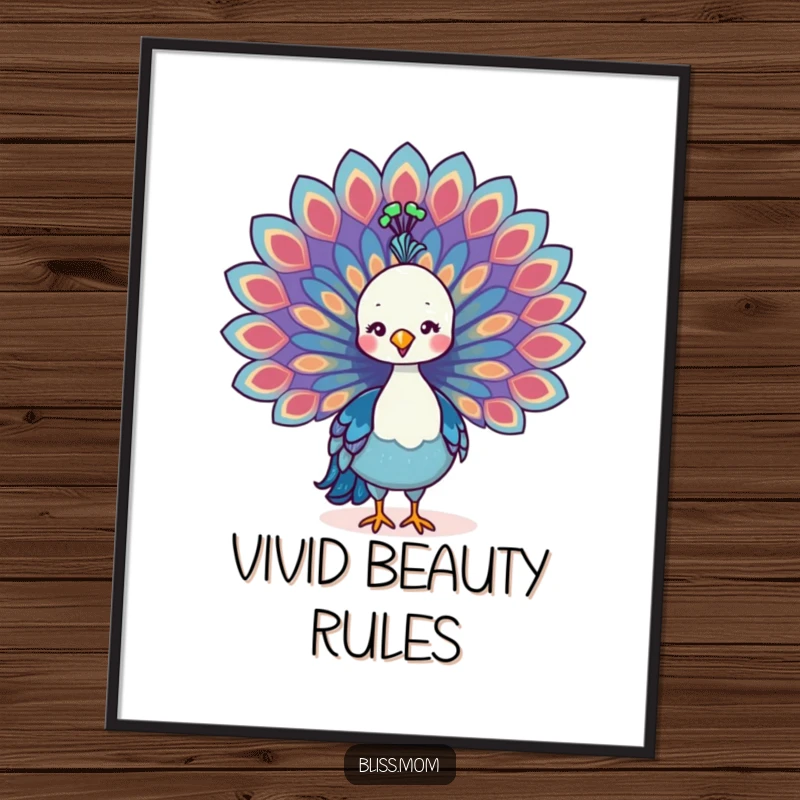 Funny Kawaii Peacock Mom Digital Art Print, proudly displaying colorful tail feathers, capturing majestic beauty for vibrant decor.