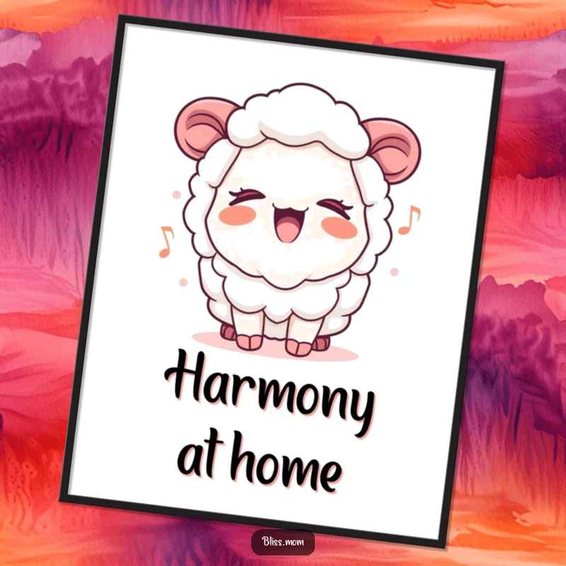 Funny Kawaii Sheep Mom Digital Art Print, eyes closed, singing a cheerful tune, capturing musical joy for vibrant decor.