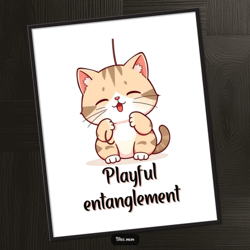 Funny digital art print: a kawaii mama cat playfully batting at a dangling string, perfect for immediate, humorous cat-themed decor.