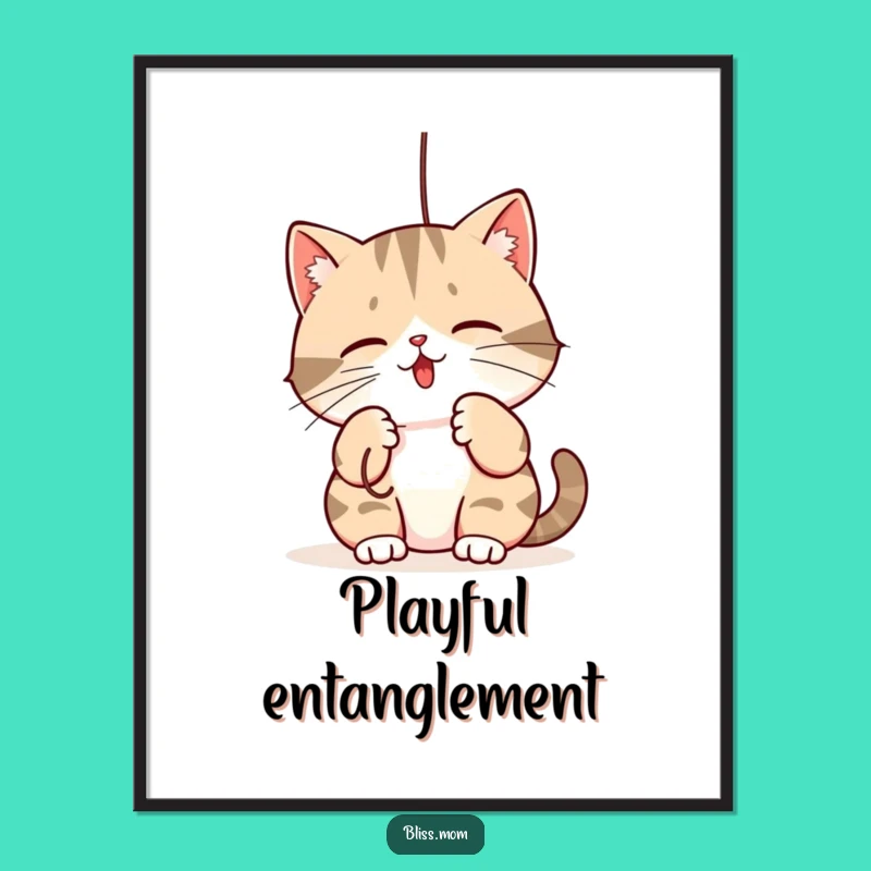 Funny Mama Cat Digital Art: Kawaii Playful String Batting - Instant Cute Gift Download