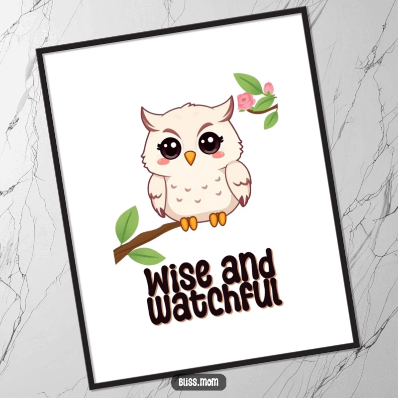 Funny Mama Owl Digital Art Print, showing a beaming owl with a twinkle, perfect for instant wise and whimsical decor. A great gift.