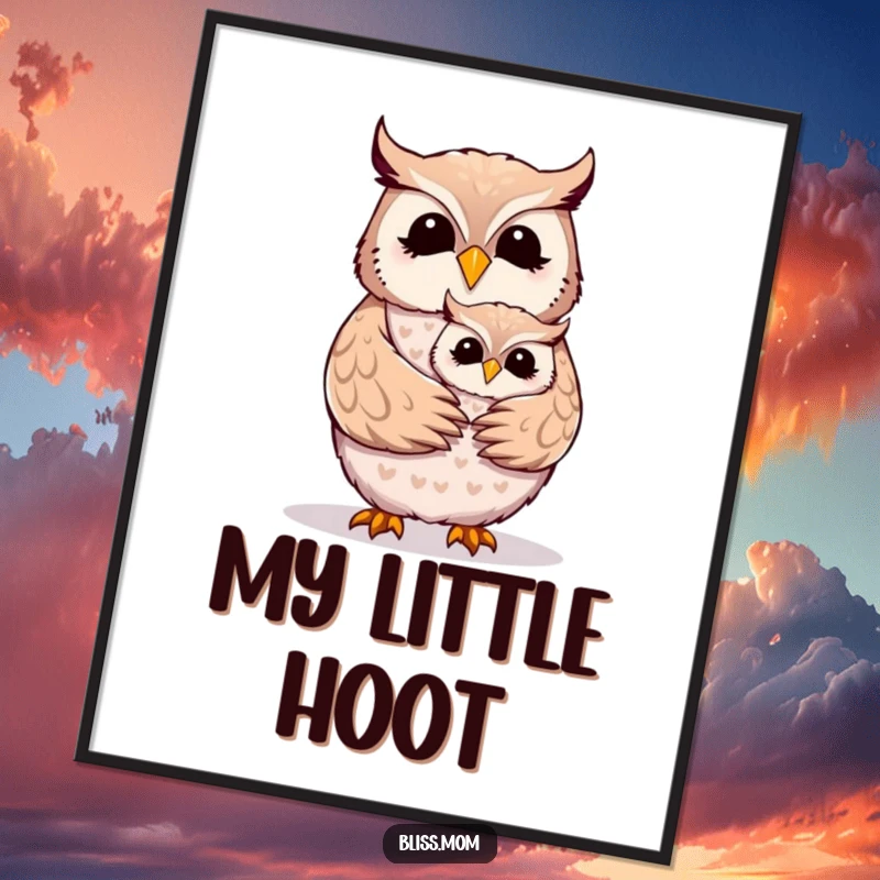 Funny Mother Owl digital art print of a cheerful mom owl receiving a warm, loving embrace from its fluffy owlet.