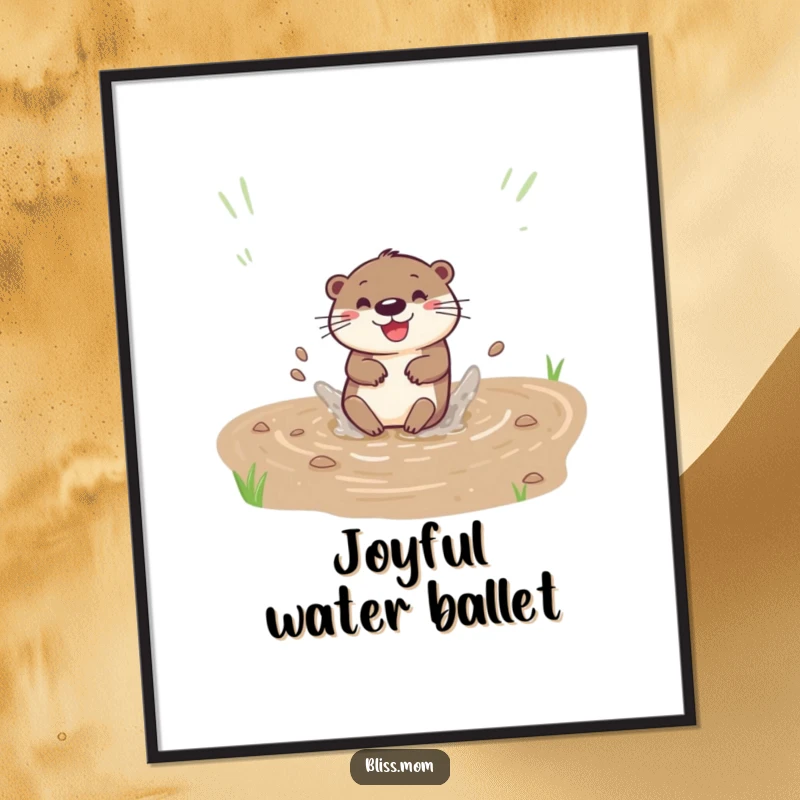 Funny digital art print of a happy otter sliding down a muddy bank with a splash, ready for instant download.