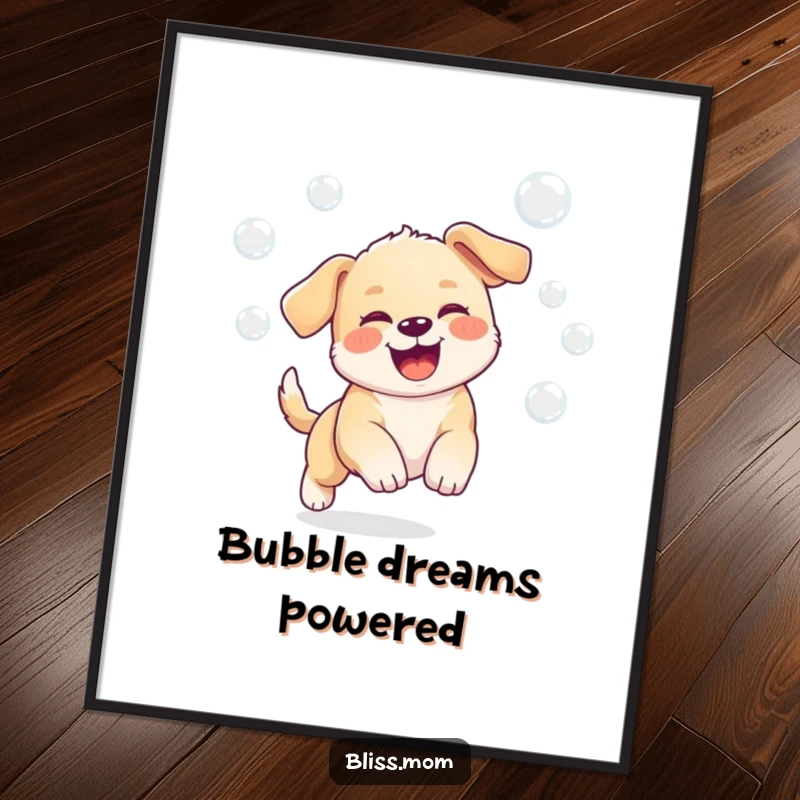 Funny digital art of a kawaii puppy joyfully chasing bubbles, ready to be printed.