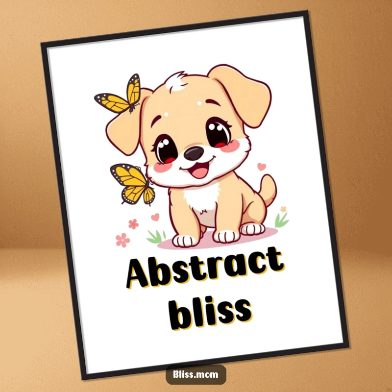 Funny digital art print: a cute puppy mom with heart eyes joyfully chasing a butterfly, perfect for immediate, humorous decoration.