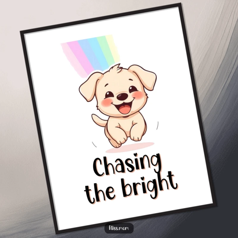 Funny digital art print of a delighted puppy with a wide grin, chasing a vibrant rainbow, bringing instant happiness.
