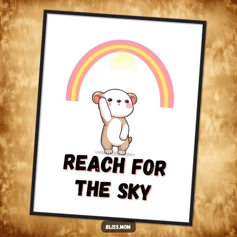 Funny digital art print of an animal reaching for a vibrant rainbow, symbolizing hope and dreams, instant download for inspiring decor.