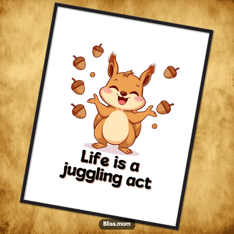 Funny Squirrel Digital Art Print: An illustration of a giggling squirrel juggling acorns with impressive playful abandon.