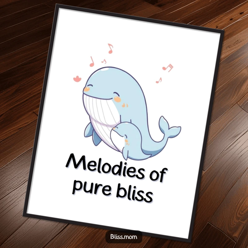 Funny whale mom digital art print of a blissful mother whale singing a joyous melody with her calf, perfect for decor.