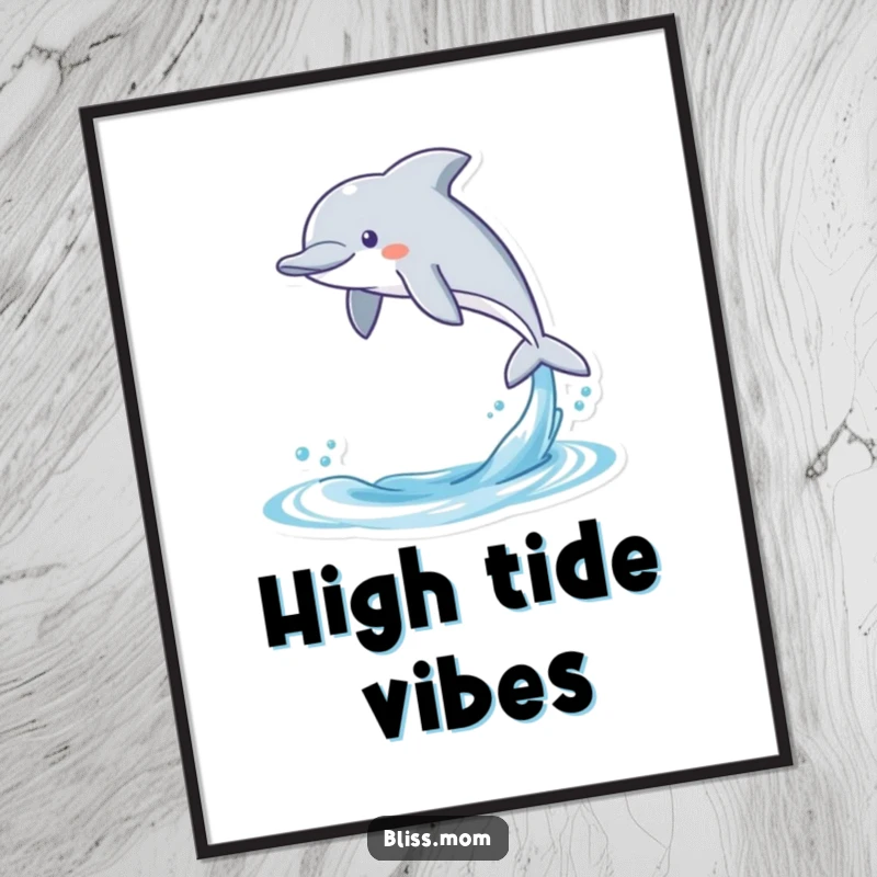 Funny digital art print of a gleeful kawaii dolphin leaping energetically from the water, a downloadable piece of aquatic humor.