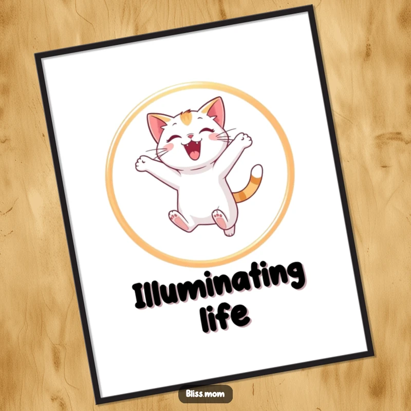 Funny cat digital art print of a cat joyfully leaping through a shining hoop of light, capturing dynamic movement and playful energy.