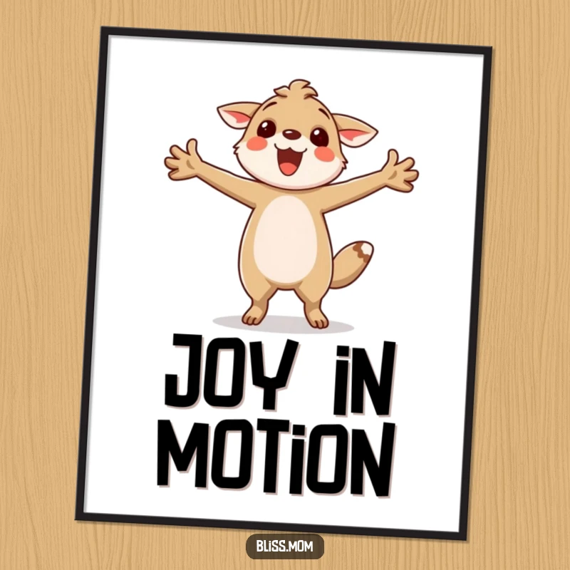 Funny digital art print of a happy animal twirling with arms wide, capturing a moment of pure, uninhibited joy, instant download.