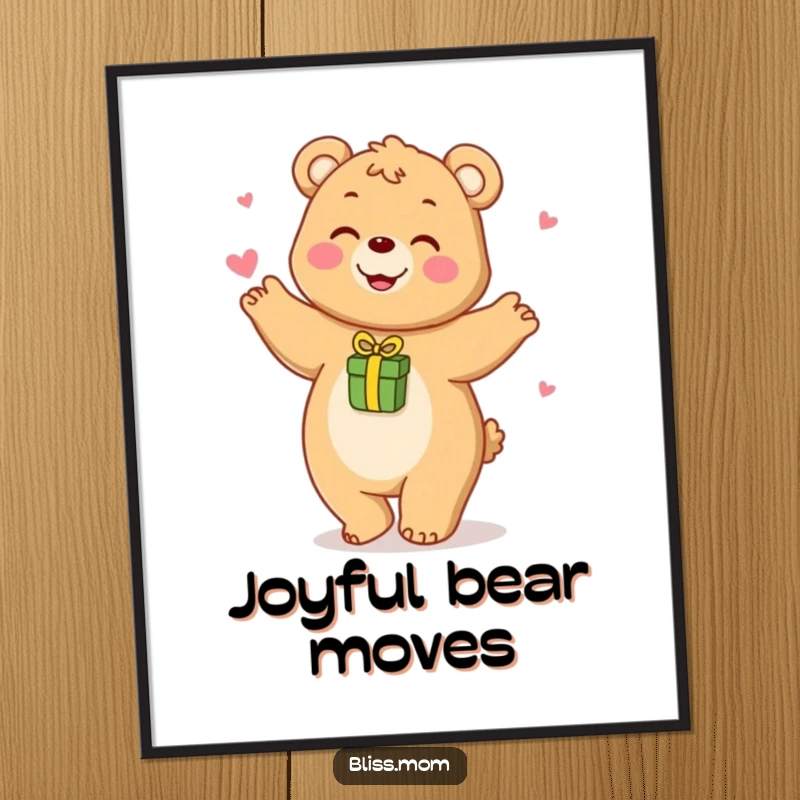 Funny digital art print of a happy bear mom playfully dancing with a small gift, ideal for playful decor.