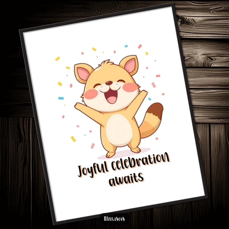 Funny Digital Art Print: An ecstatic animal throws confetti with a wide smile, creating a scene of pure, hilarious joy.