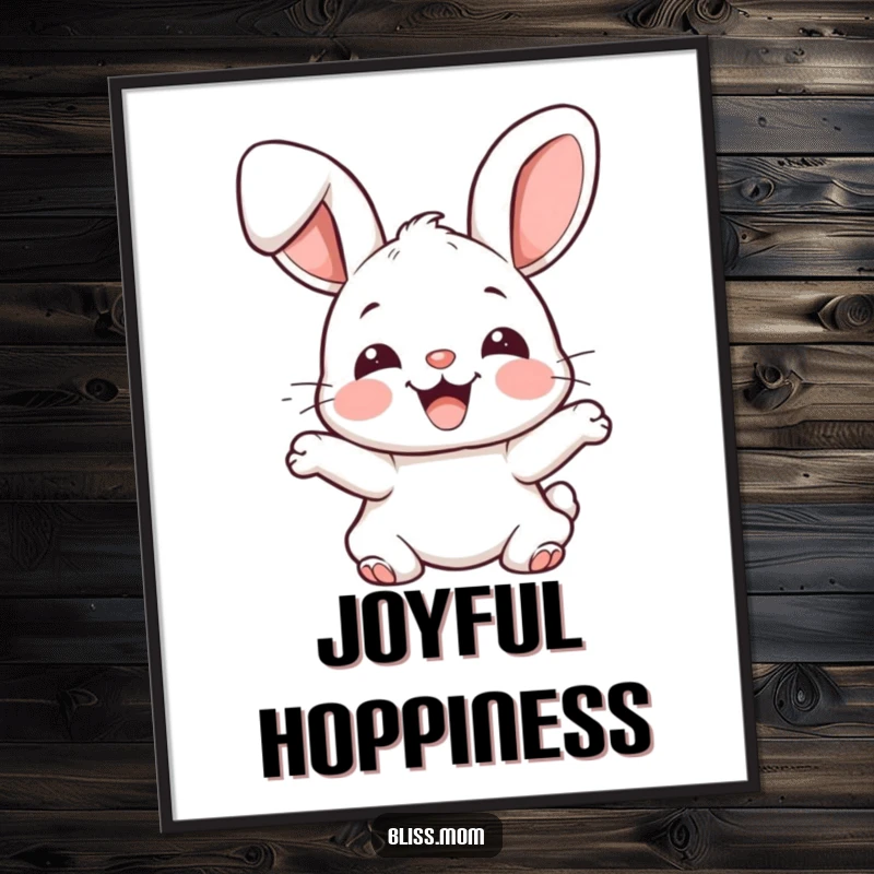 Funny joyful kawaii bunny with floppy ears bouncing excitedly, instant rabbit art, cute digital decor, perfect funny gift.