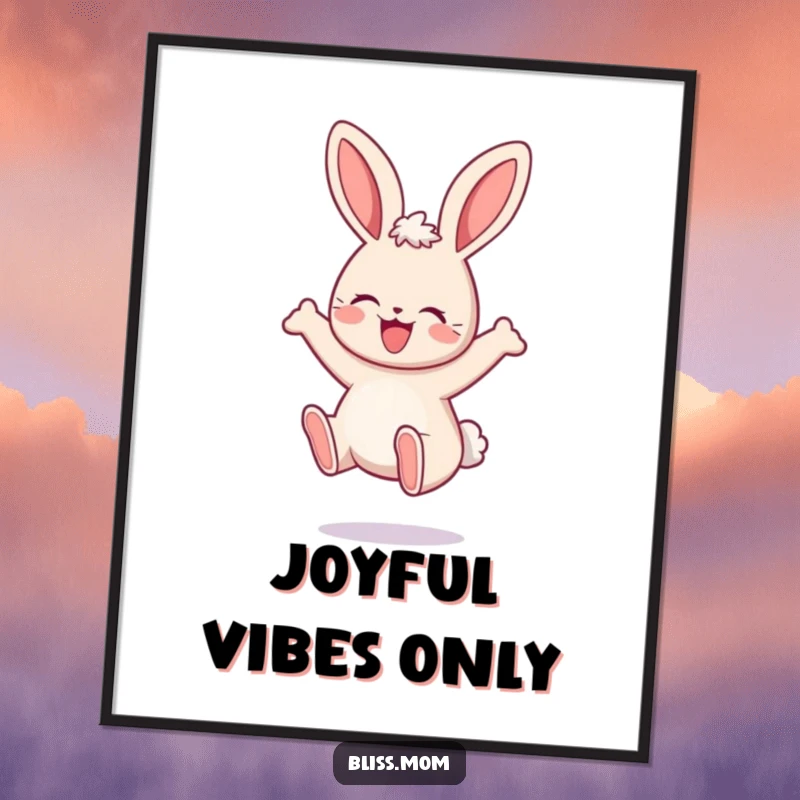 Funny Mama Bunny Digital Art Print, showing a kawaii bunny bouncing with pure delight, perfect for cheerful digital or printable decor. A great gift.