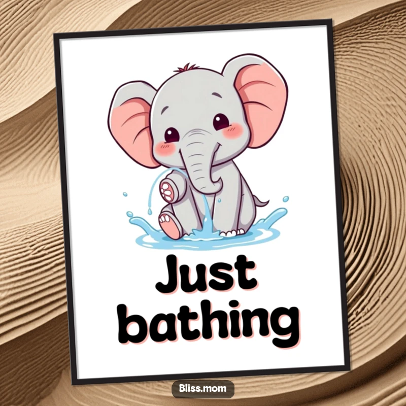 Funny happy kawaii elephant joyfully spraying water, presented as a downloadable digital art print for instant cheerful decor.