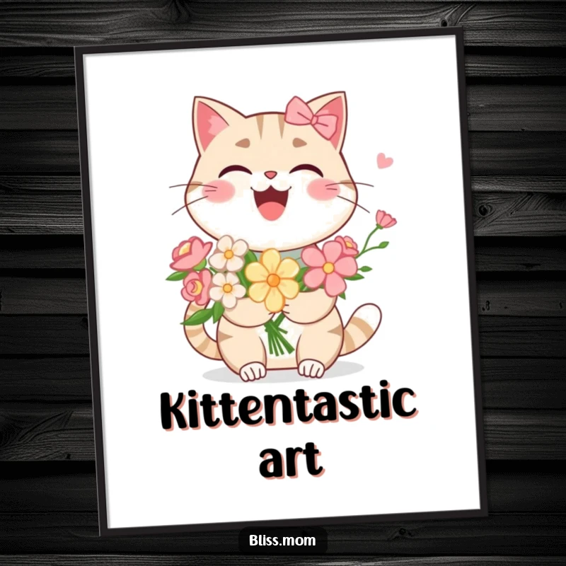 Funny Kawaii Cat Mom Digital Art: A laughing cat mom holds a flower bouquet. High-resolution digital art capturing feline joy and humor.