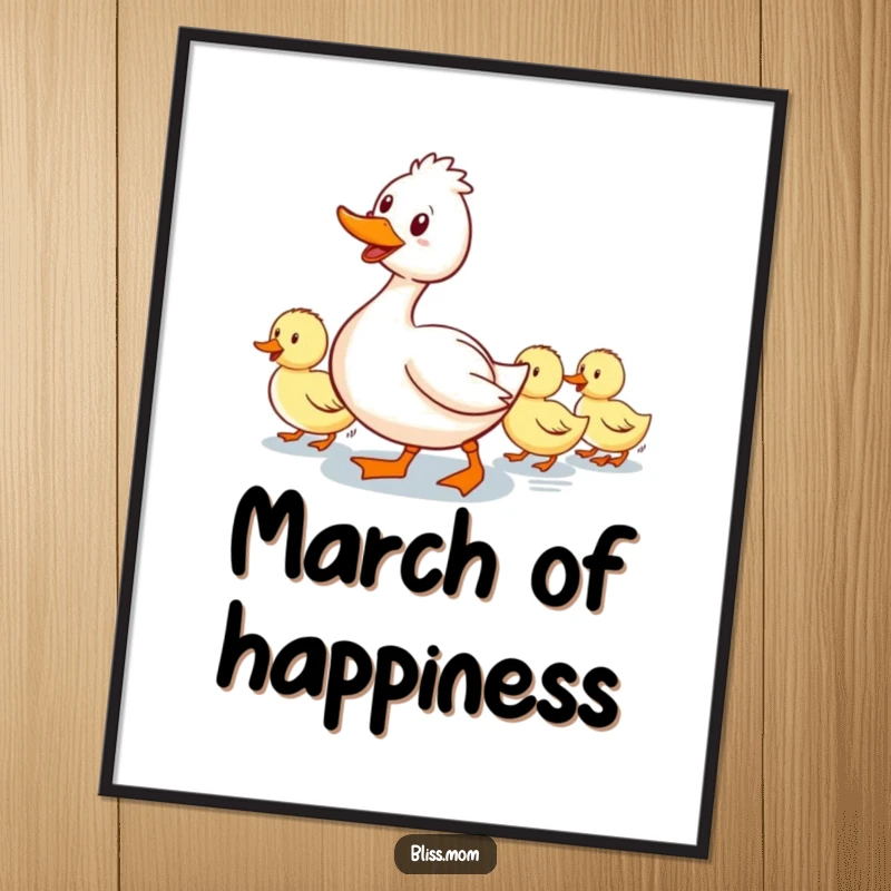 Funny digital art print: a smiling mama duck waddling with a line of ducklings following, perfect for immediate, humorous maternal decor.