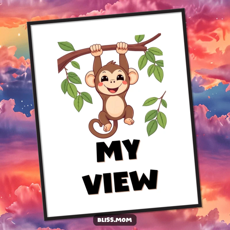 Funny smiling kawaii monkey hanging upside down from a tree branch, presented as a downloadable digital art print for instant whimsy.