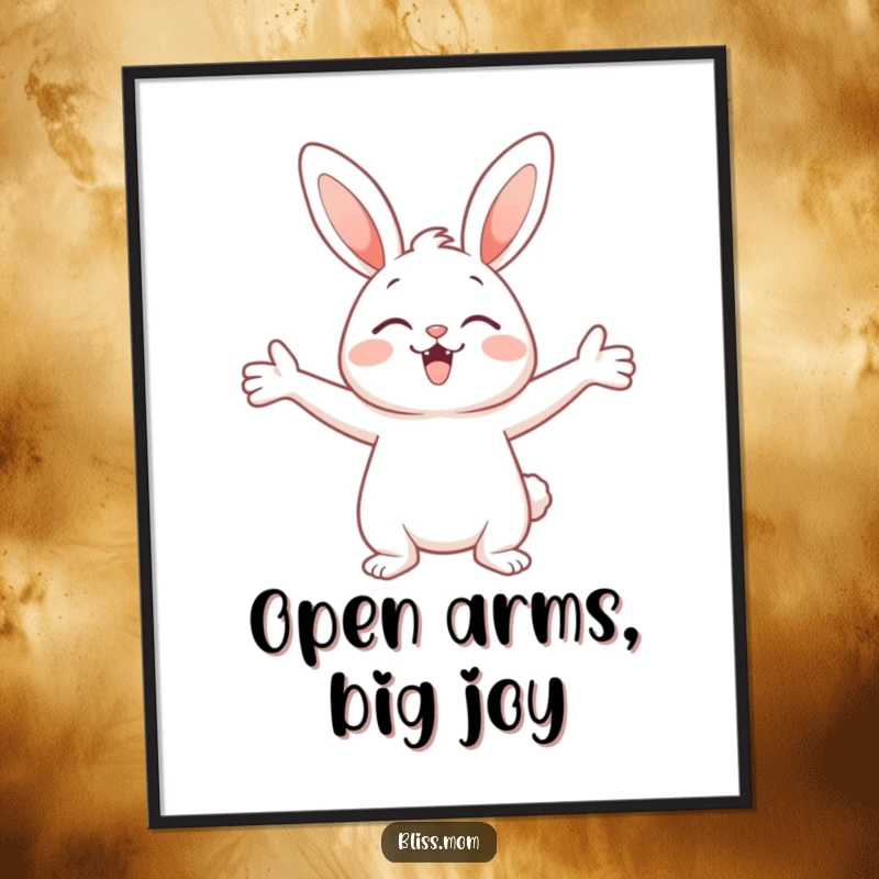 Funny digital art print of a cute bunny with arms wide open, radiating pure delight and an inviting, joyful embrace.